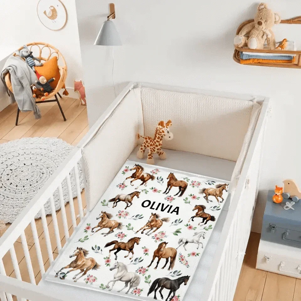 Customized Blankets For Different Horse Forms - Personalized Name Horse And Flower Pattern Blanket - A Gift For Child,Baby - Joliny