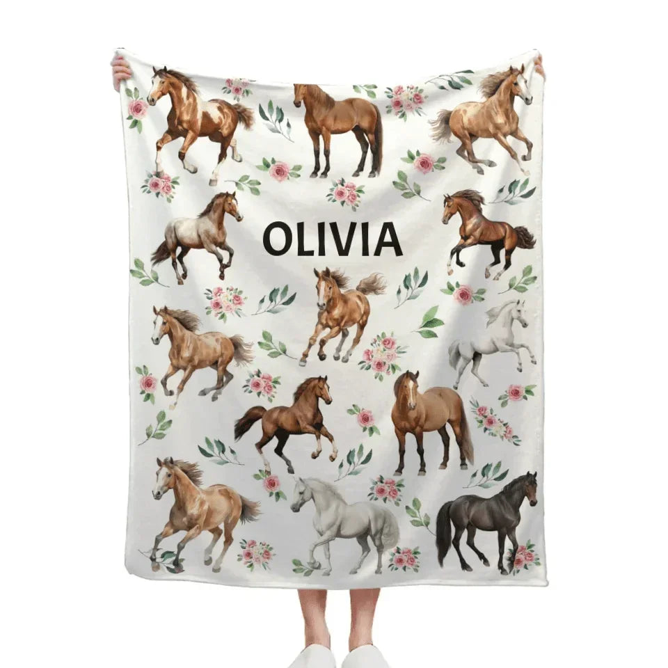 Customized Blankets For Different Horse Forms - Personalized Name Horse And Flower Pattern Blanket - A Gift For Child,Baby - Joliny