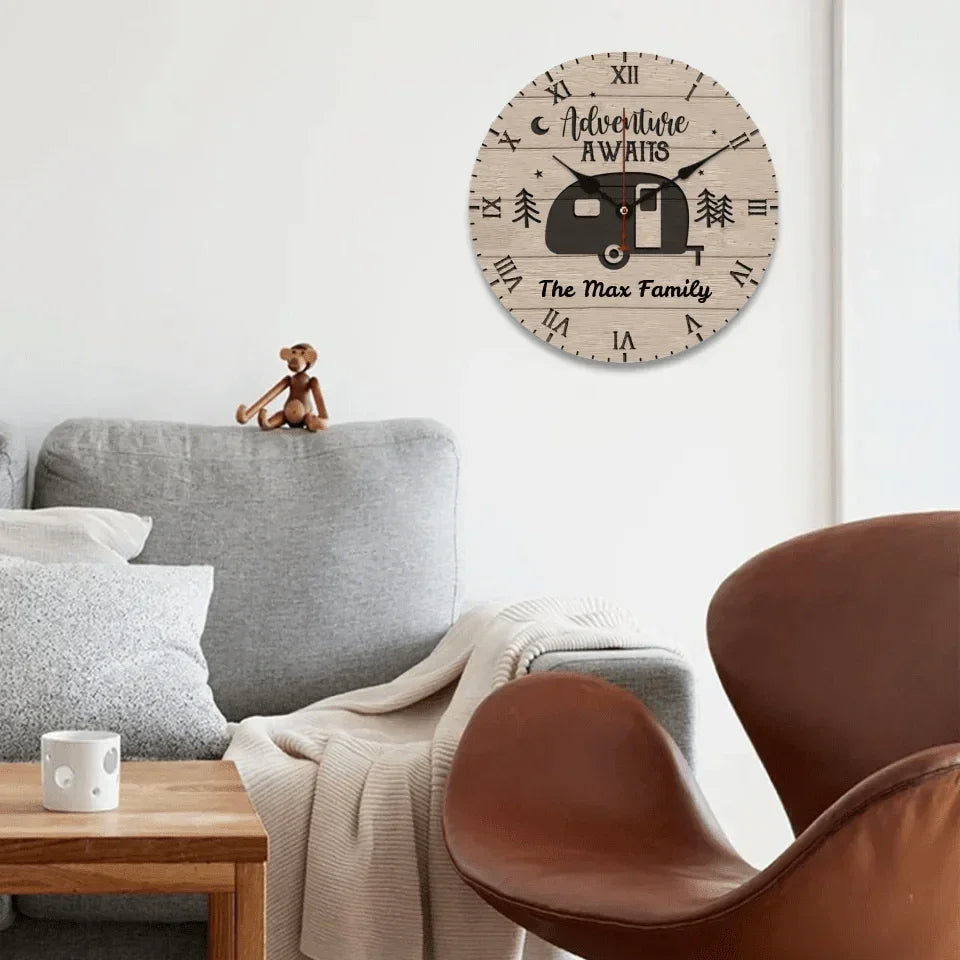 Customized Camping Themed Wall Clocks - Stylish Wall Clock That Can Be Personalized with Wood Grain Background,Campervan and Text - A Gift For Family,Friend,Camping Enthusiasts,Angler - Joliny