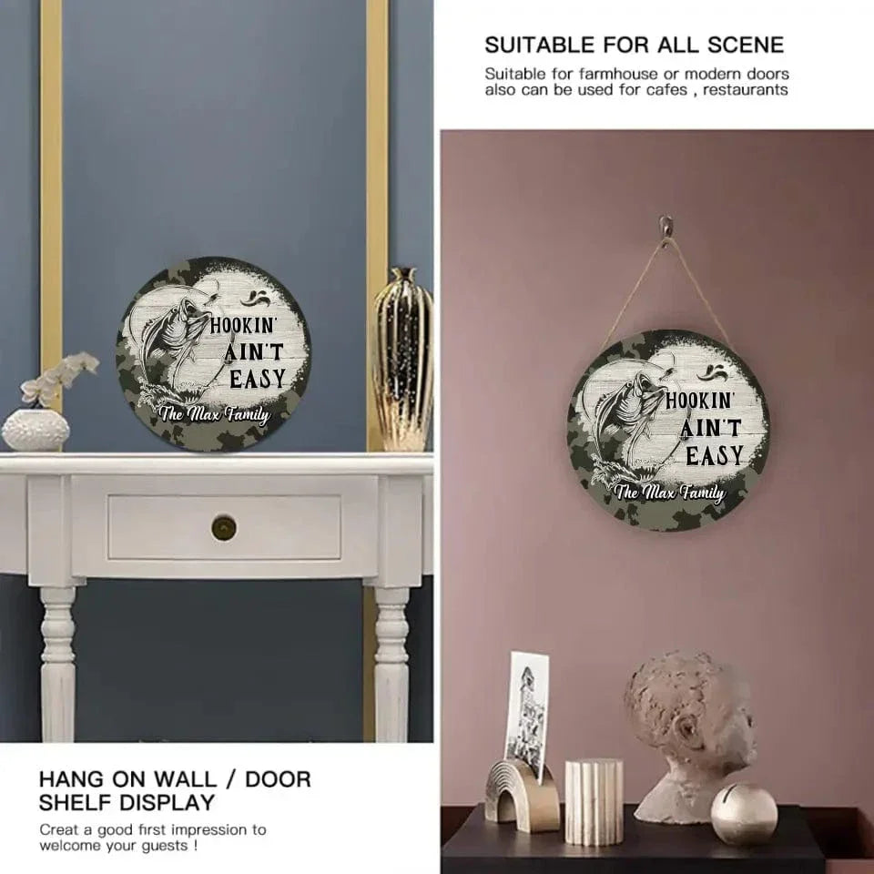 Customized Camping Themed Wooden Signage - Personalized Text Fishing Pattern Camouflage Style Round Wooden Door Plaque - A Gift For Family,Friend,Camping Enthusiasts,Angler - Joliny