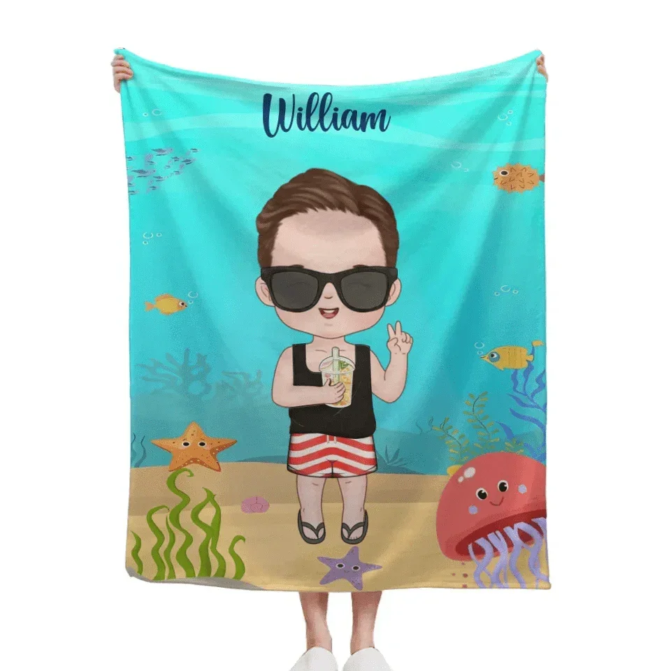 Customized Cartoon Character Blanket - Personalized Cartoon Character Image and Name Ocean Themed Blanket - A Gift For Children,Friend,BFF,Family - Joliny
