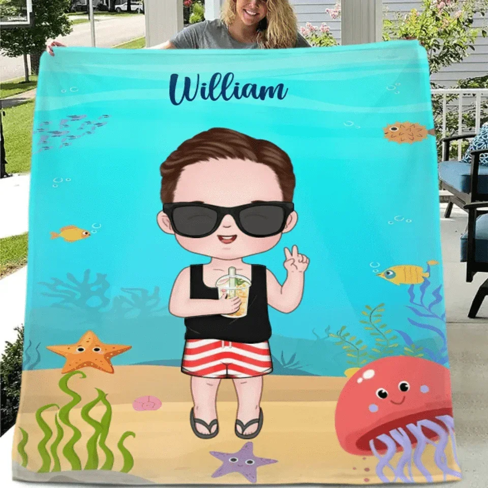 Customized Cartoon Character Blanket - Personalized Cartoon Character Image and Name Ocean Themed Blanket - A Gift For Children,Friend,BFF,Family - Joliny
