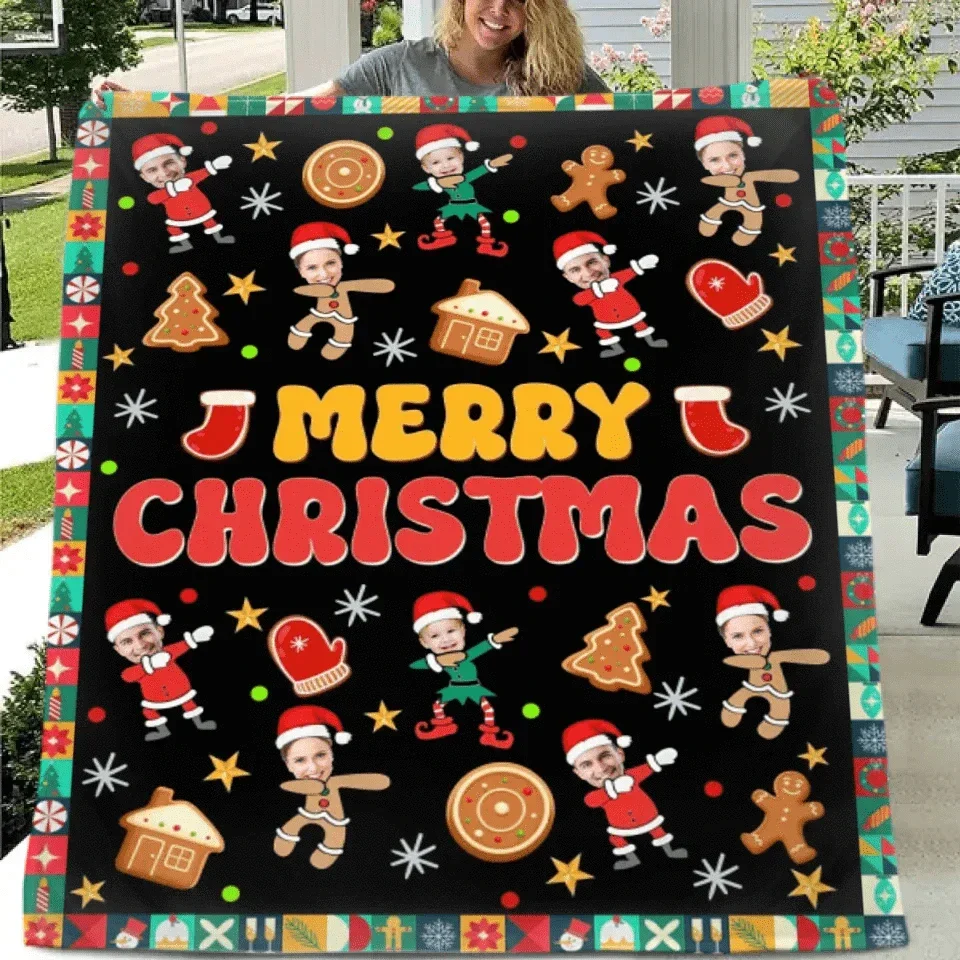 Customized Christmas Blanket with Photos of Family Members - Funny Christmas Blanket Personalized People Photo Cos Cartoon Characters - Christmas Gift For Family - Joliny
