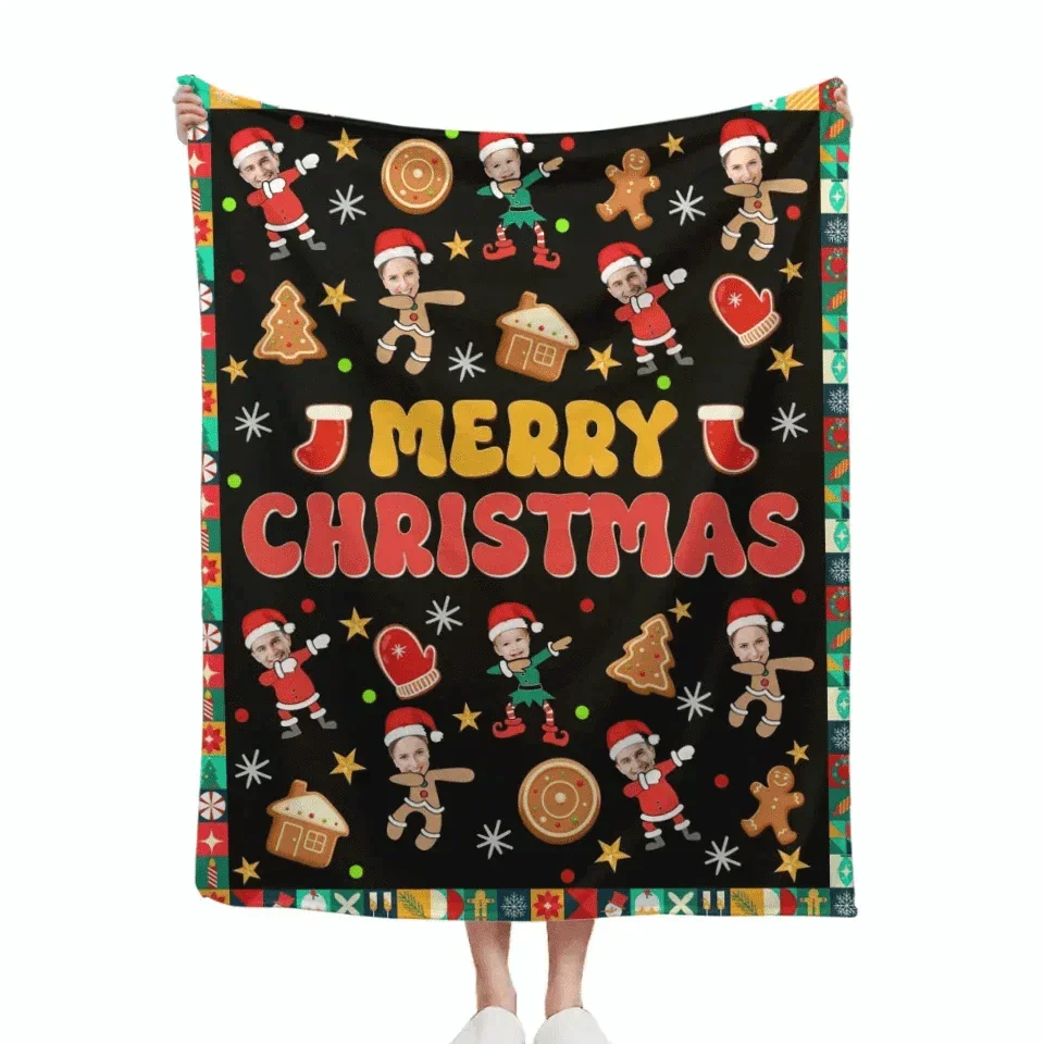 Customized Christmas Blanket with Photos of Family Members - Funny Christmas Blanket Personalized People Photo Cos Cartoon Characters - Christmas Gift For Family - Joliny