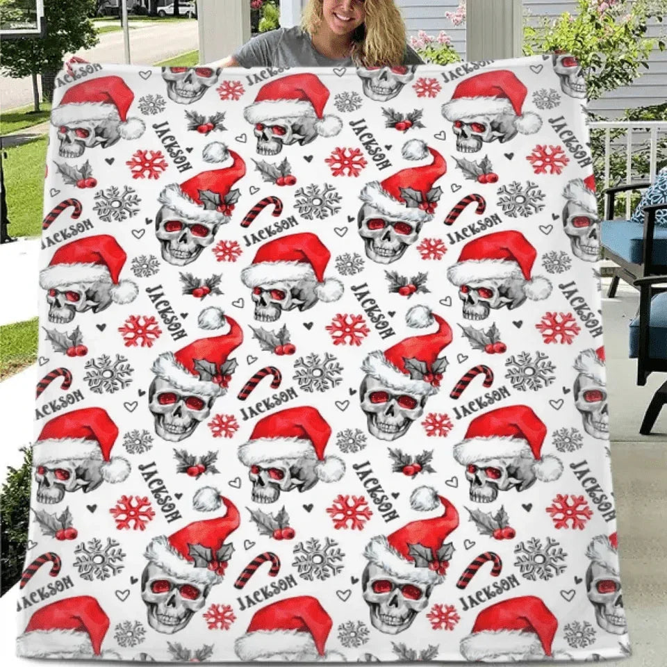 Customized Christmas Blankets - Personalized Name Skull Flannel Blanket with Christmas - A Gift For Yourself,Family,Friend,Colleagues - Joliny
