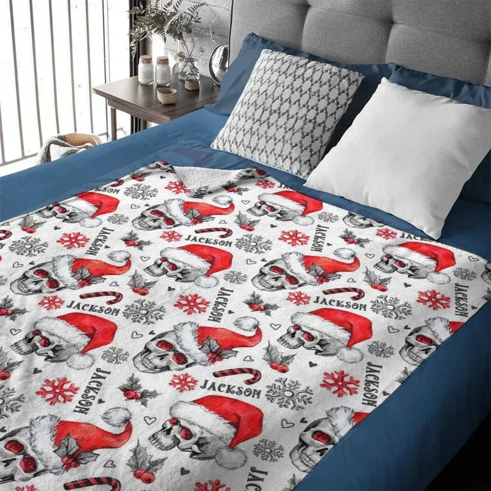 Customized Christmas Blankets - Personalized Name Skull Flannel Blanket with Christmas - A Gift For Yourself,Family,Friend,Colleagues - Joliny