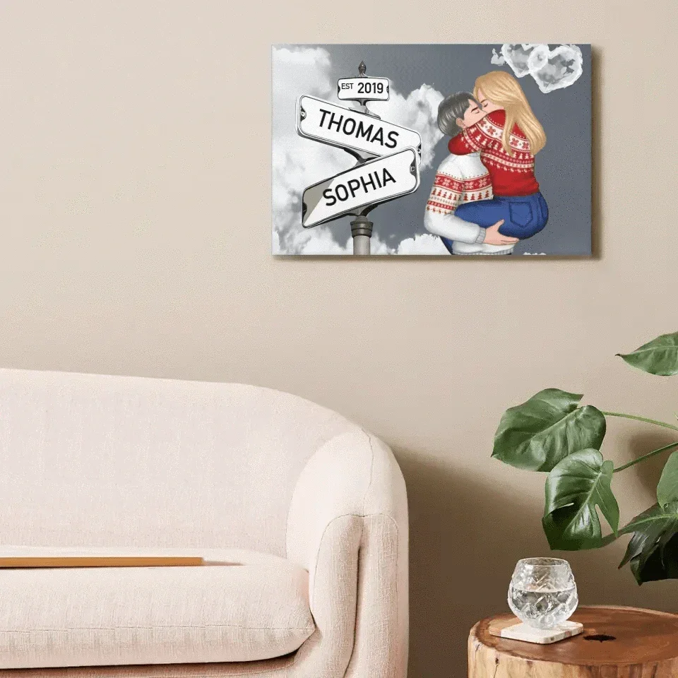 Customized Couple Character Wall Art - Decorative Canvas Painting With Personalized Name And Cartoon Couple Characters - Commemorative Gift - Joliny