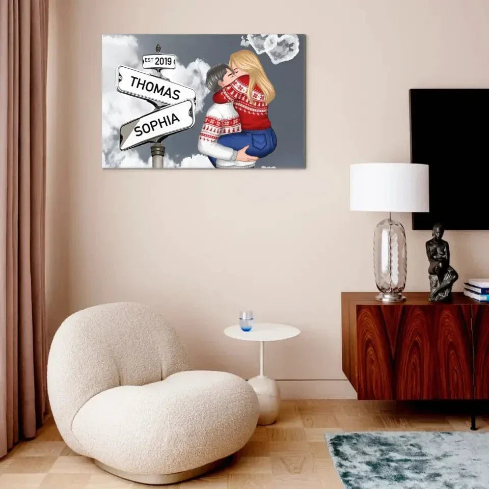 Customized Couple Character Wall Art - Decorative Canvas Painting With Personalized Name And Cartoon Couple Characters - Commemorative Gift - Joliny