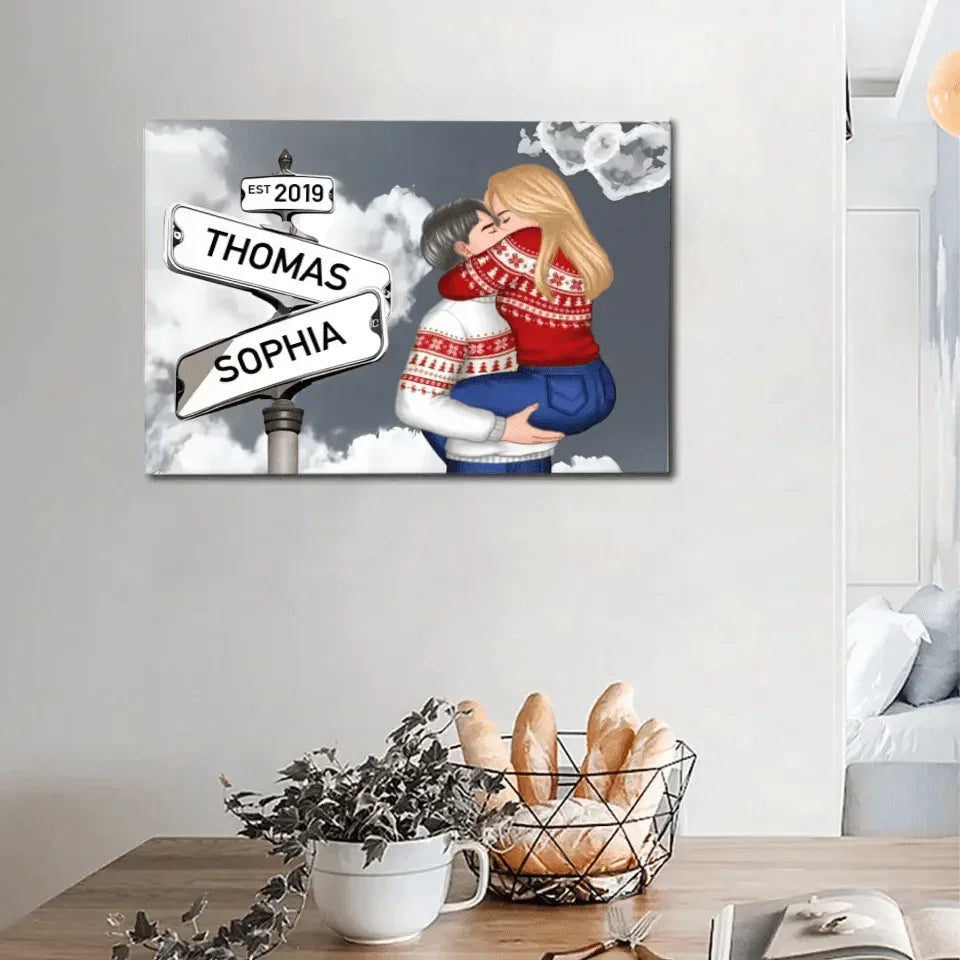 Customized Couple Character Wall Art - Decorative Canvas Painting With Personalized Name And Cartoon Couple Characters - Commemorative Gift - Joliny