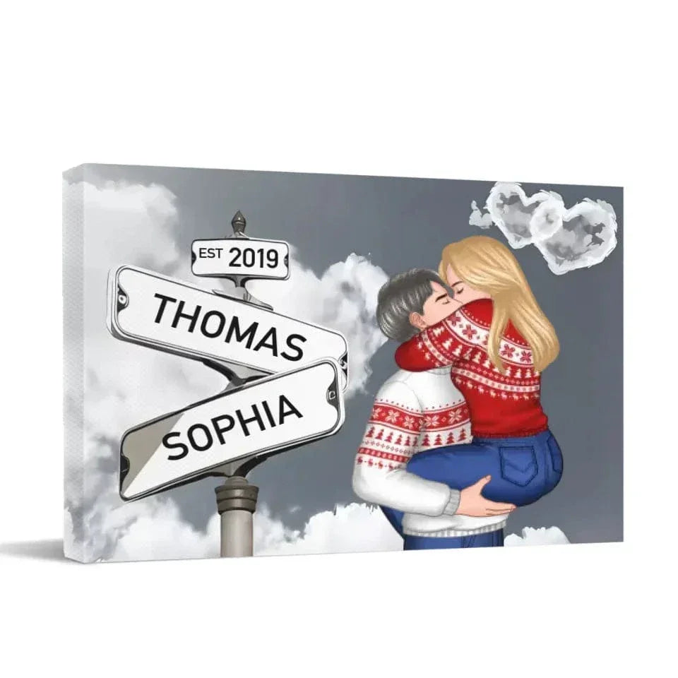Customized Couple Character Wall Art - Decorative Canvas Painting With Personalized Name And Cartoon Couple Characters - Commemorative Gift - Joliny