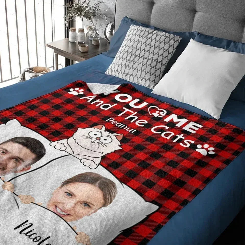 Customized Couple Photo Blanket - Personalized Couple's Photo, Name and Cat Cartoon Blanket - A Gift for Couples,Wife, Husband - Joliny