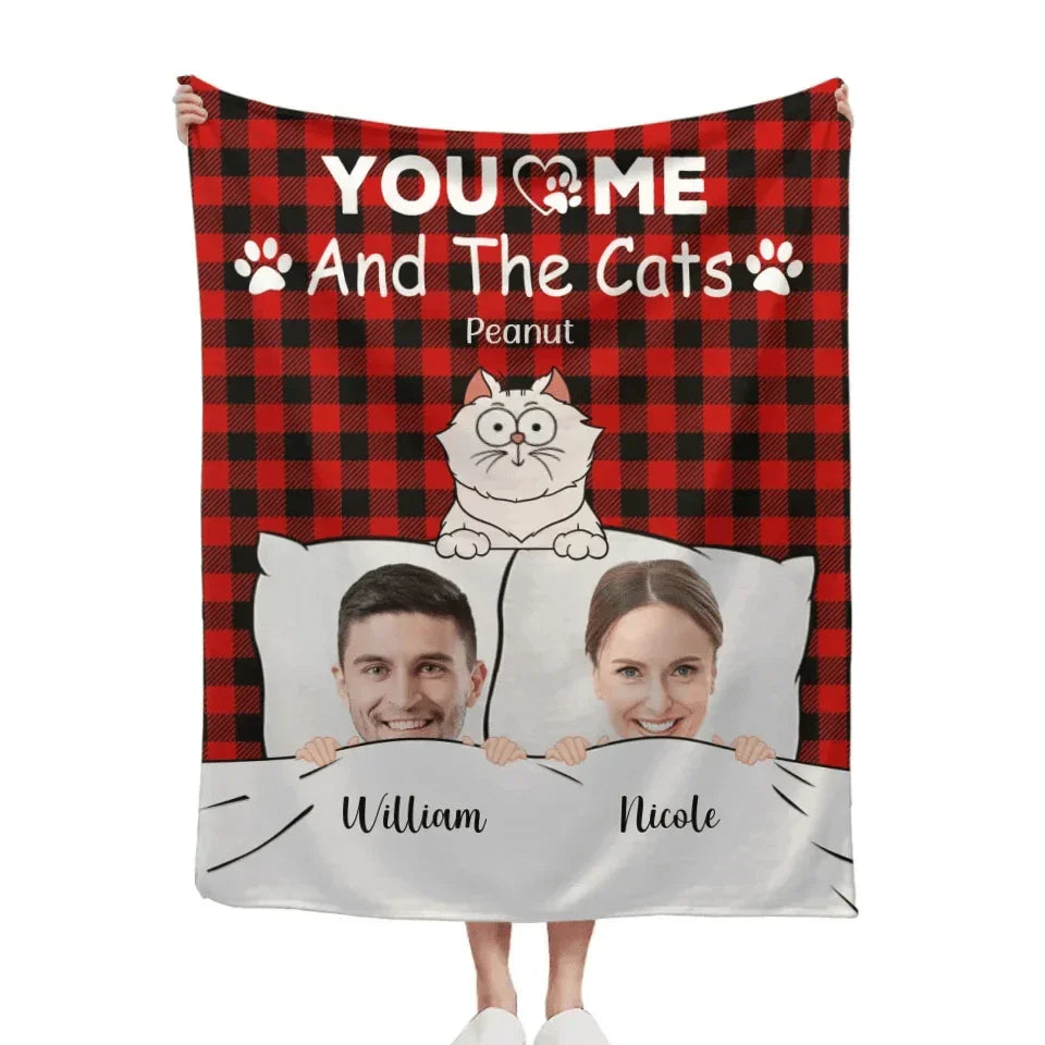 Customized Couple Photo Blanket - Personalized Couple's Photo, Name and Cat Cartoon Blanket - A Gift for Couples,Wife, Husband - Joliny