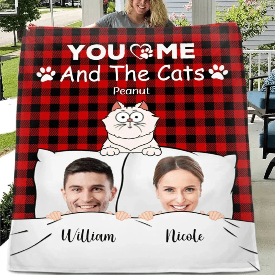 Customized Couple Photo Blanket - Personalized Couple's Photo, Name and Cat Cartoon Blanket - A Gift for Couples,Wife, Husband - Joliny