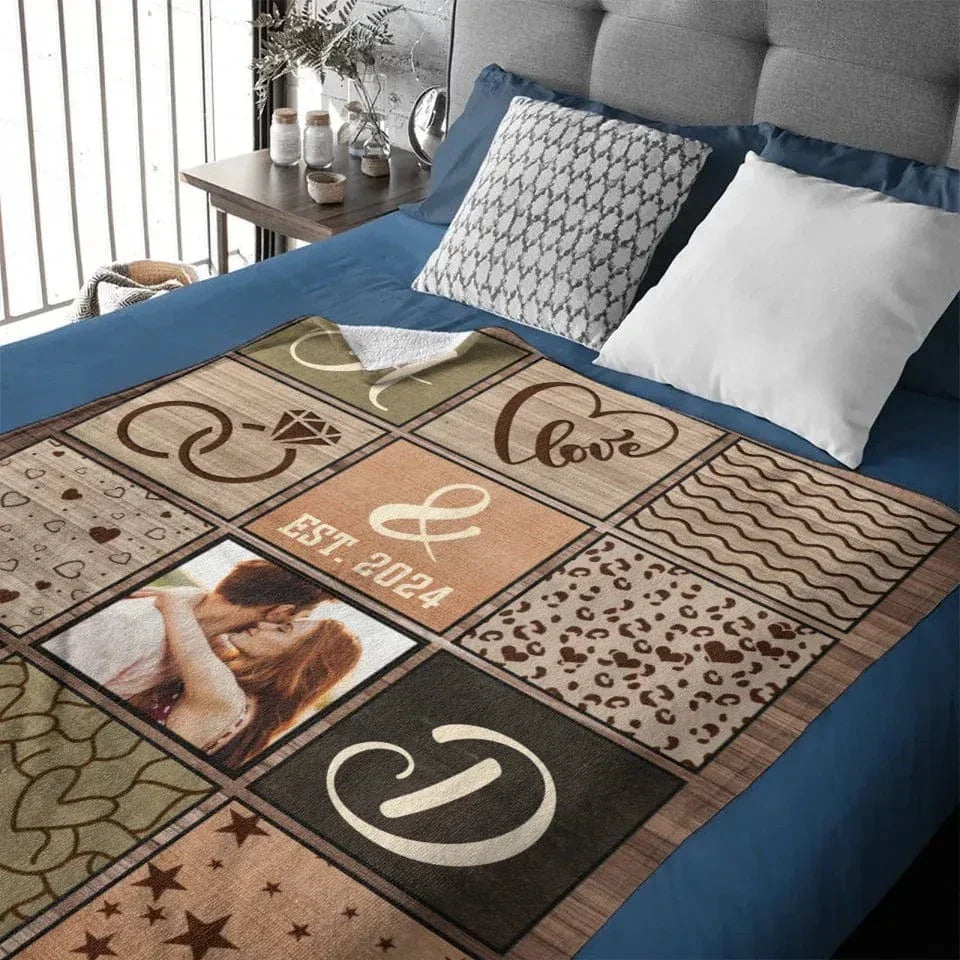 Customized Couple Photo Blanket - Personalized Initials, Date And Photo Flannel keepsake Blanket - A Gift for Couples,Wife, Husband - Joliny