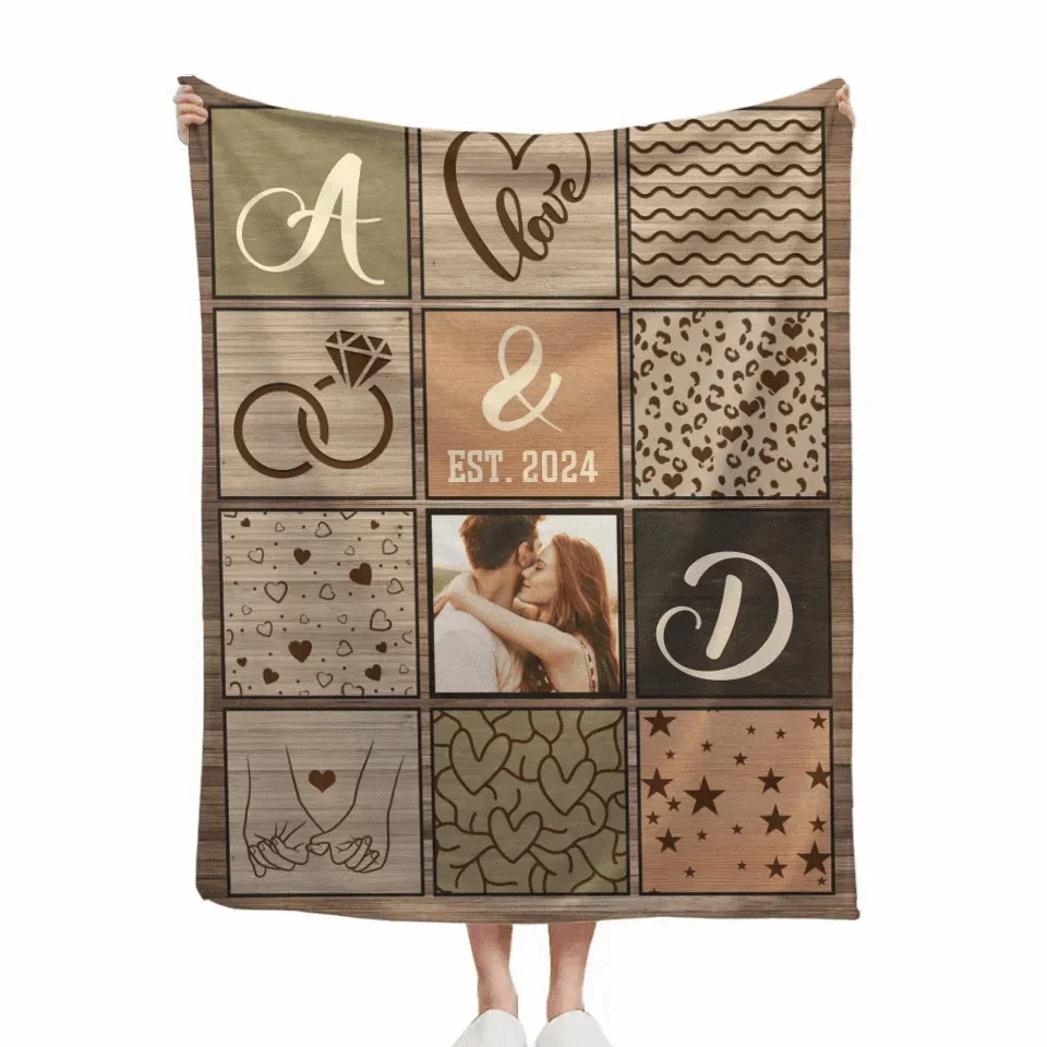 Customized Couple Photo Blanket - Personalized Initials, Date And Photo Flannel keepsake Blanket - A Gift for Couples,Wife, Husband - Joliny
