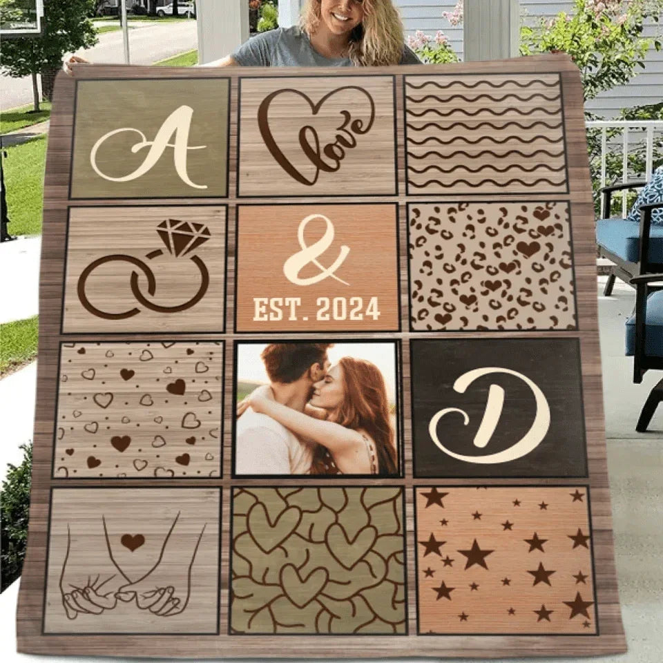 Customized Couple Photo Blanket - Personalized Initials, Date And Photo Flannel keepsake Blanket - A Gift for Couples,Wife, Husband - Joliny