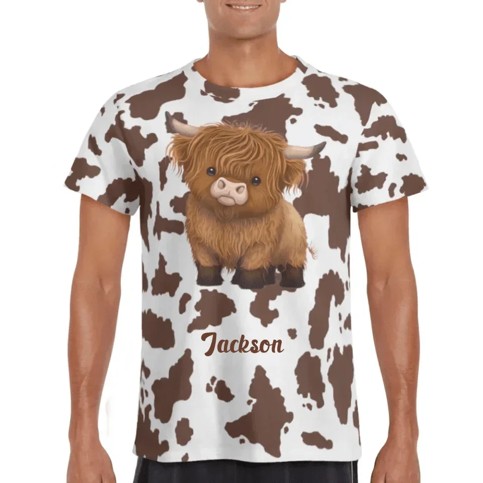 Customized Cow Textured T-shirt - Personalized Name Highland Cow Themed Apparel - A Gift For Highland Cow Lover,Friend,Colleagues - Joliny
