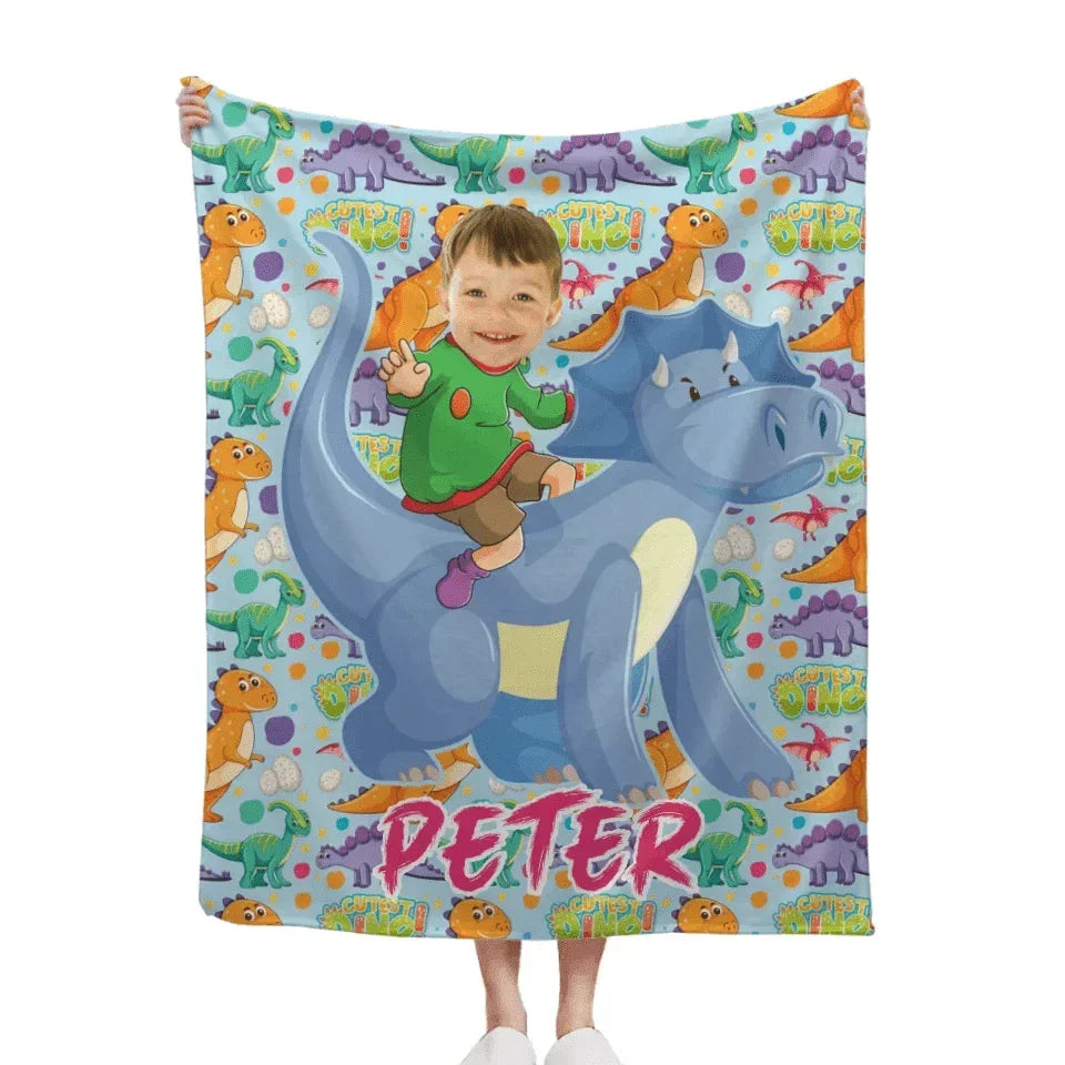 Customized Dinosaur Blanket - Personalized Photo and Name Dinosaur Rider Flannel Blanket - A Gift For Children,Boy,Girl - Joliny