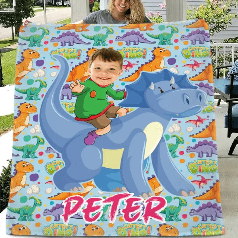 Customized Dinosaur Blanket - Personalized Photo and Name Dinosaur Rider Flannel Blanket - A Gift For Children,Boy,Girl - Joliny