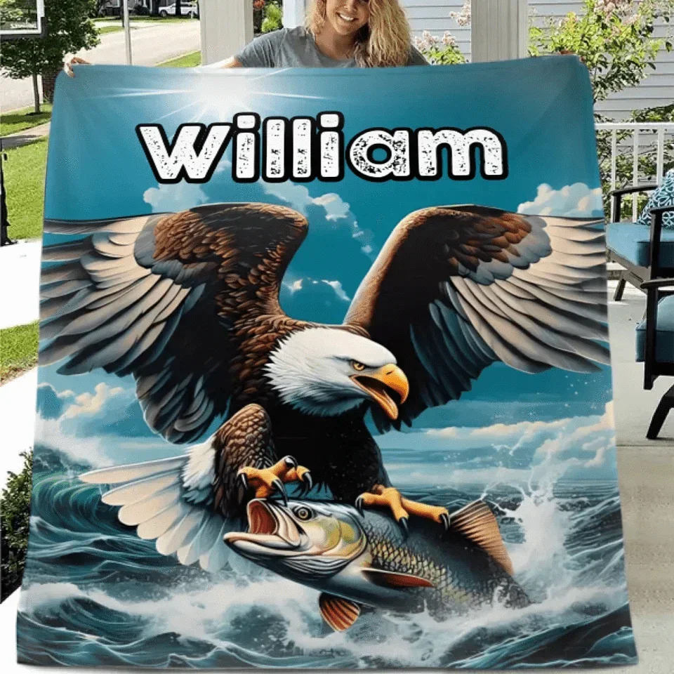 Customized Eagle Themed Blanket - Personalized Name Eagle Catching Fish Blanket - A Gift For Bird Lover,Eagle Lover,Friend,Colleagues - Joliny