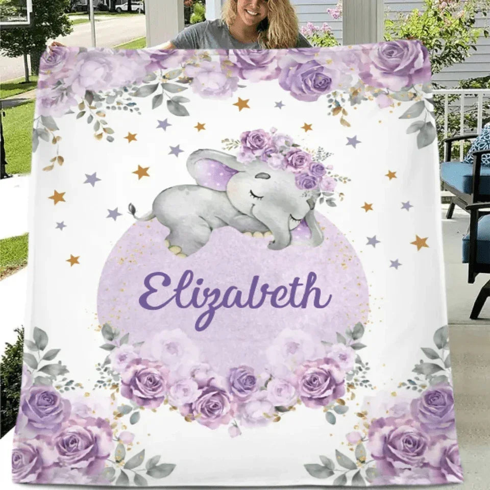 Customized Elephant Blanket - Personalized Name Blankets In Three Color Choices Of Flowers And Elephants - A Gift For Child,Baby - Joliny