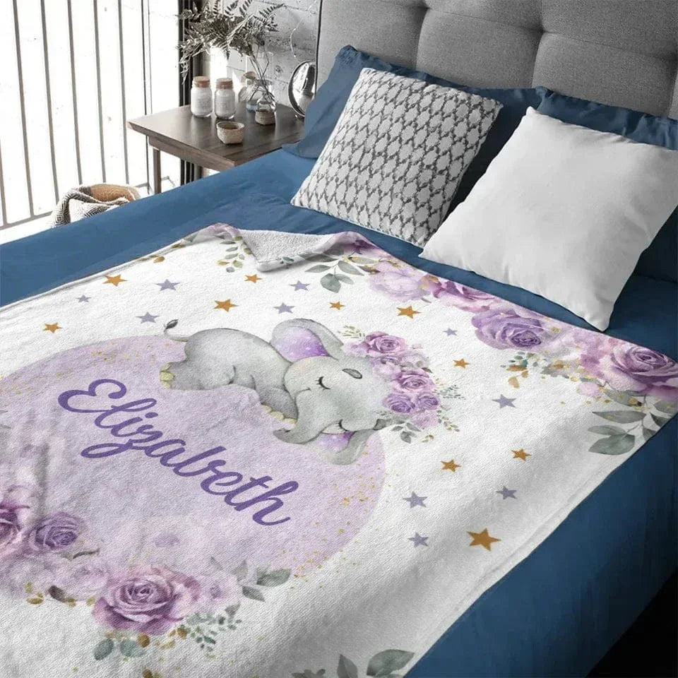 Customized Elephant Blanket - Personalized Name Blankets In Three Color Choices Of Flowers And Elephants - A Gift For Child,Baby - Joliny