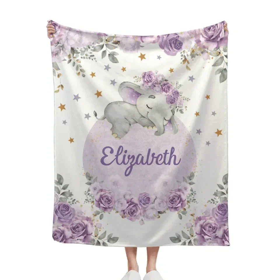 Customized Elephant Blanket - Personalized Name Blankets In Three Color Choices Of Flowers And Elephants - A Gift For Child,Baby - Joliny