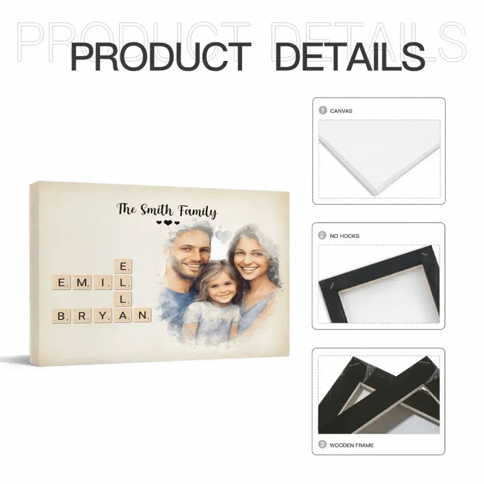 Customized Family Portrait Wall Art - Personalized Name Crossword Puzzle And Decorative Canvas Painting With Family Photo - A Cozy Gift Family - Joliny