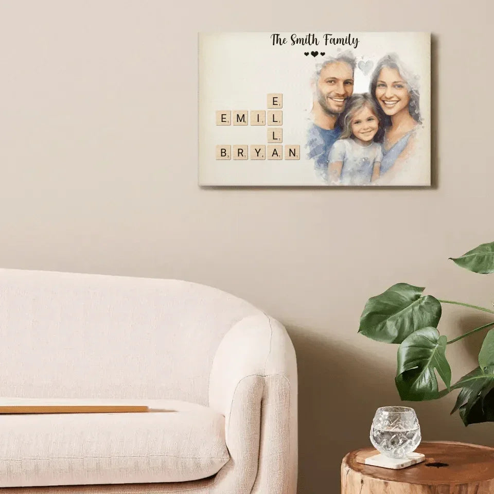 Customized Family Portrait Wall Art - Personalized Name Crossword Puzzle And Decorative Canvas Painting With Family Photo - A Cozy Gift Family - Joliny