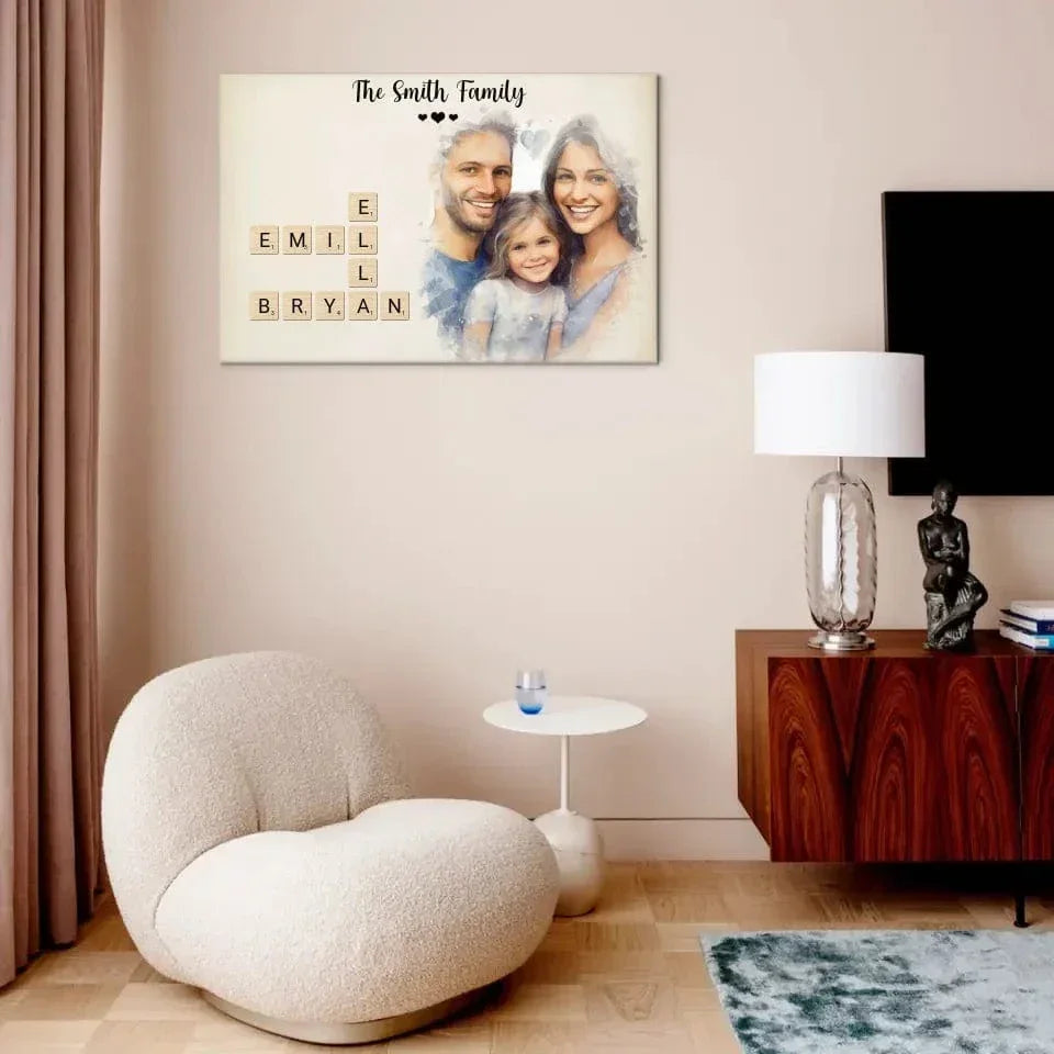 Customized Family Portrait Wall Art - Personalized Name Crossword Puzzle And Decorative Canvas Painting With Family Photo - A Cozy Gift Family - Joliny