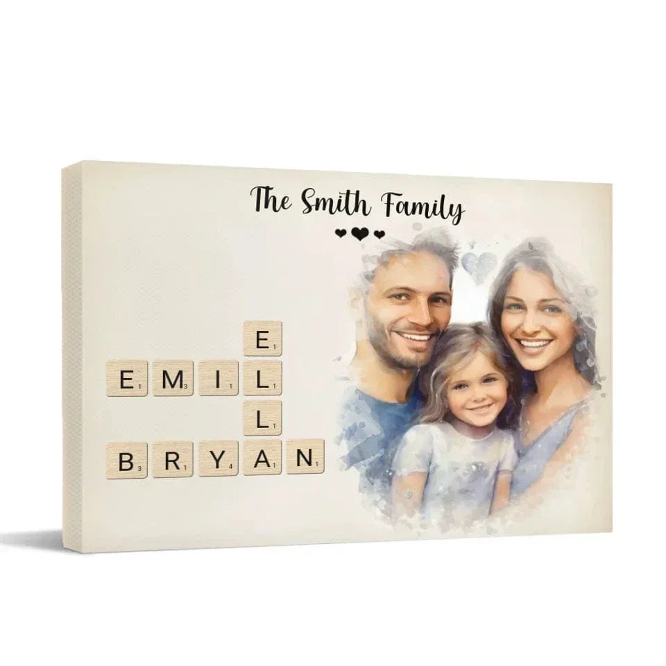 Customized Family Portrait Wall Art - Personalized Name Crossword Puzzle And Decorative Canvas Painting With Family Photo - A Cozy Gift Family - Joliny