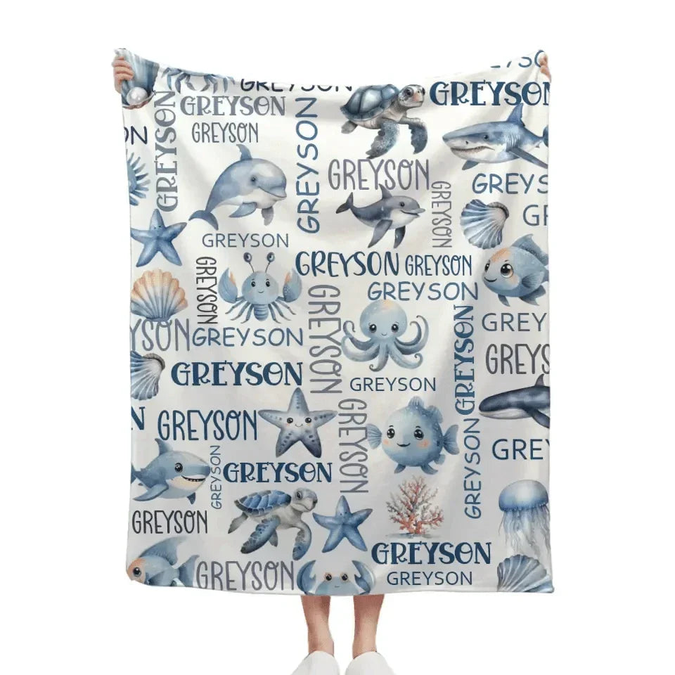 Customized Marine Animal Names Custom Blankets, Sea Turtle Swaddles, New Baby Gifts, Newborn Gifts - Joliny