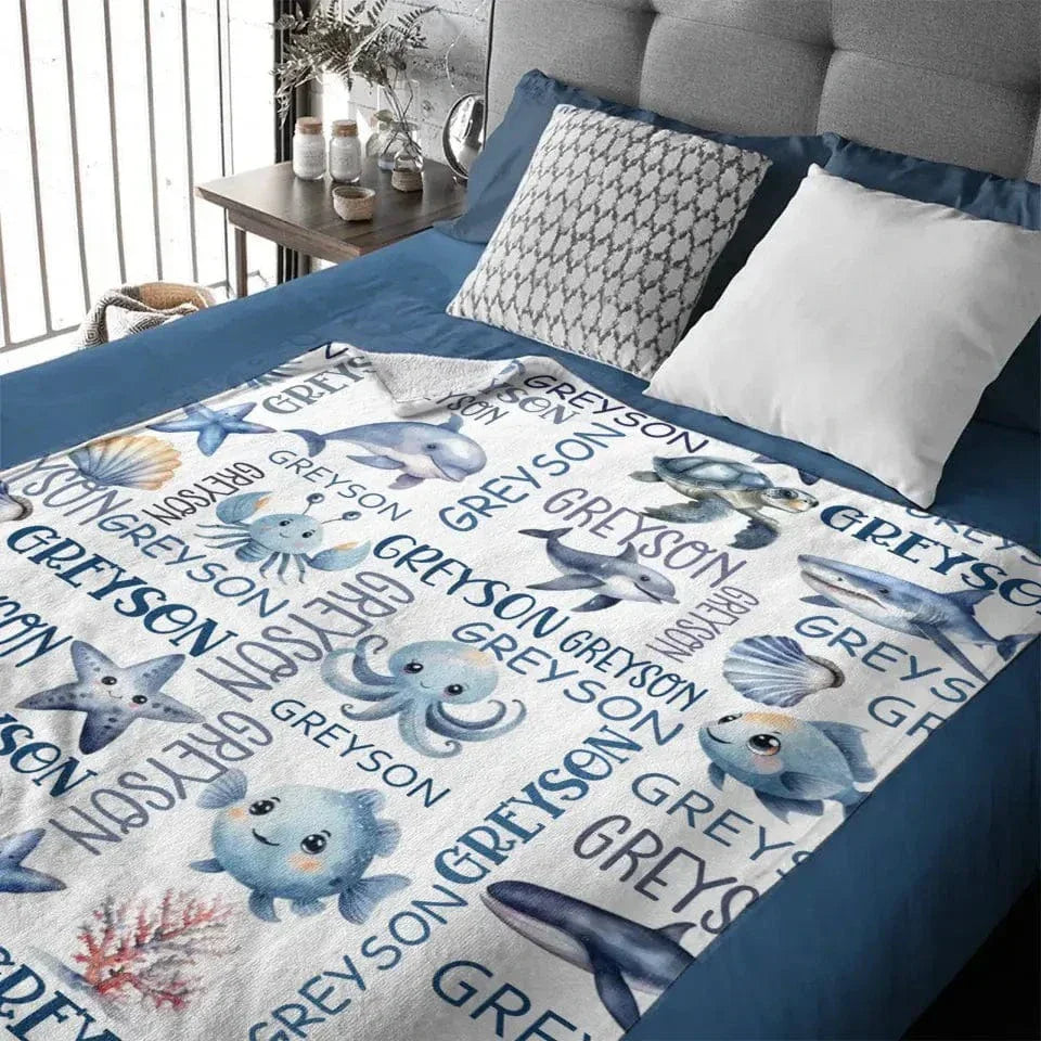 Customized Marine Animal Names Custom Blankets, Sea Turtle Swaddles, New Baby Gifts, Newborn Gifts - Joliny