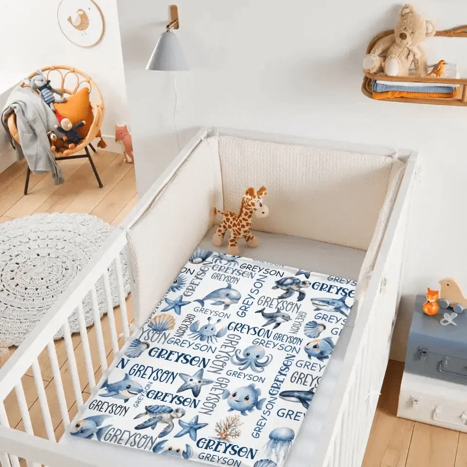 Customized Marine Animal Names Custom Blankets, Sea Turtle Swaddles, New Baby Gifts, Newborn Gifts - Joliny