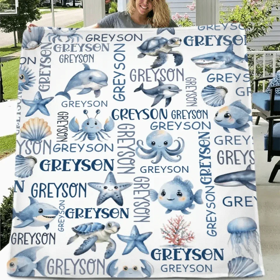 Customized Marine Animal Names Custom Blankets, Sea Turtle Swaddles, New Baby Gifts, Newborn Gifts - Joliny
