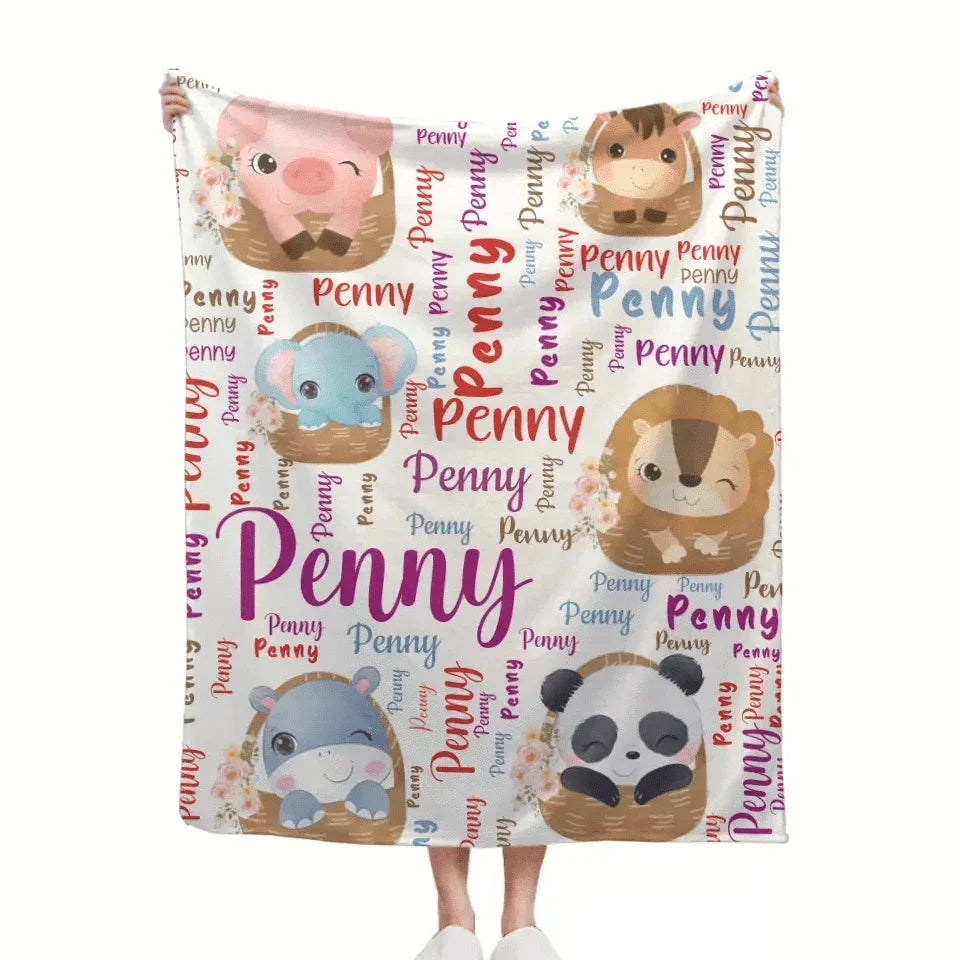 Customized Name Blanket, Small Animals Inside Basket - Joliny