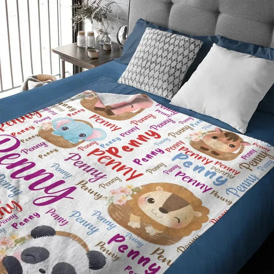 Customized Name Blanket, Small Animals Inside Basket - Joliny