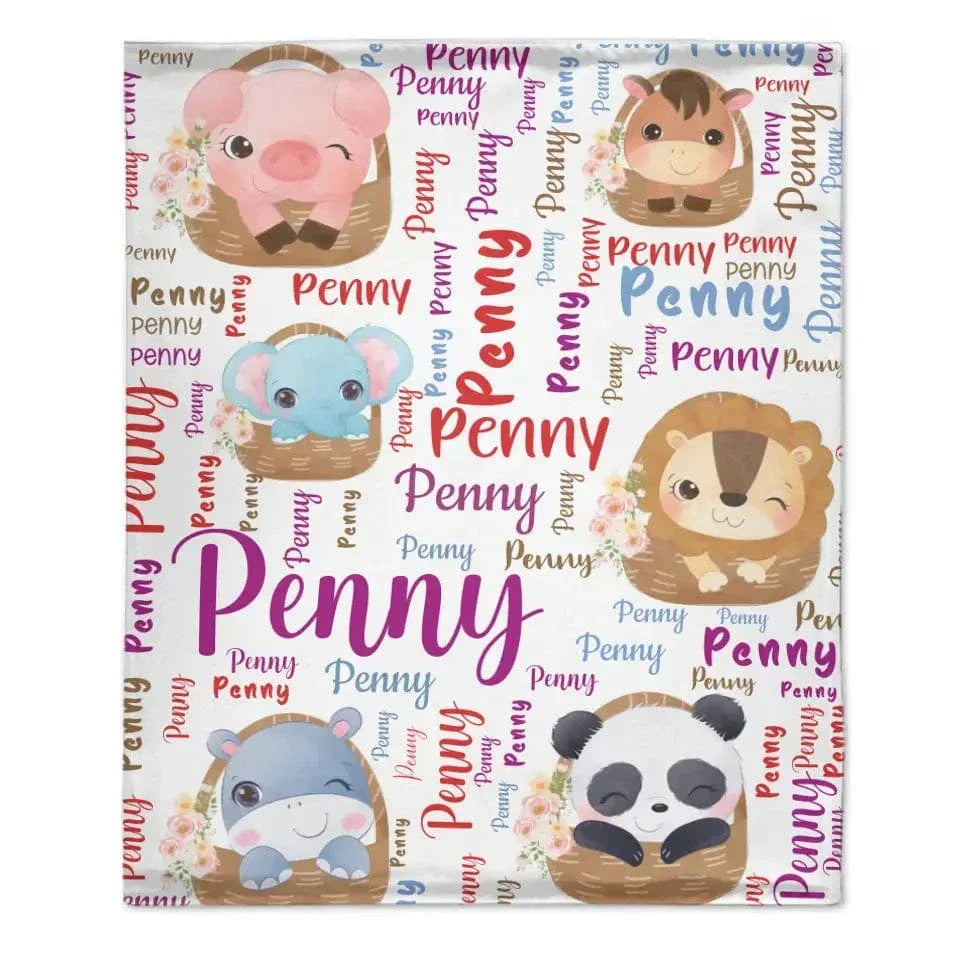 Customized Name Blanket, Small Animals Inside Basket - Joliny