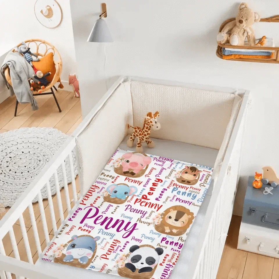 Customized Name Blanket, Small Animals Inside Basket - Joliny