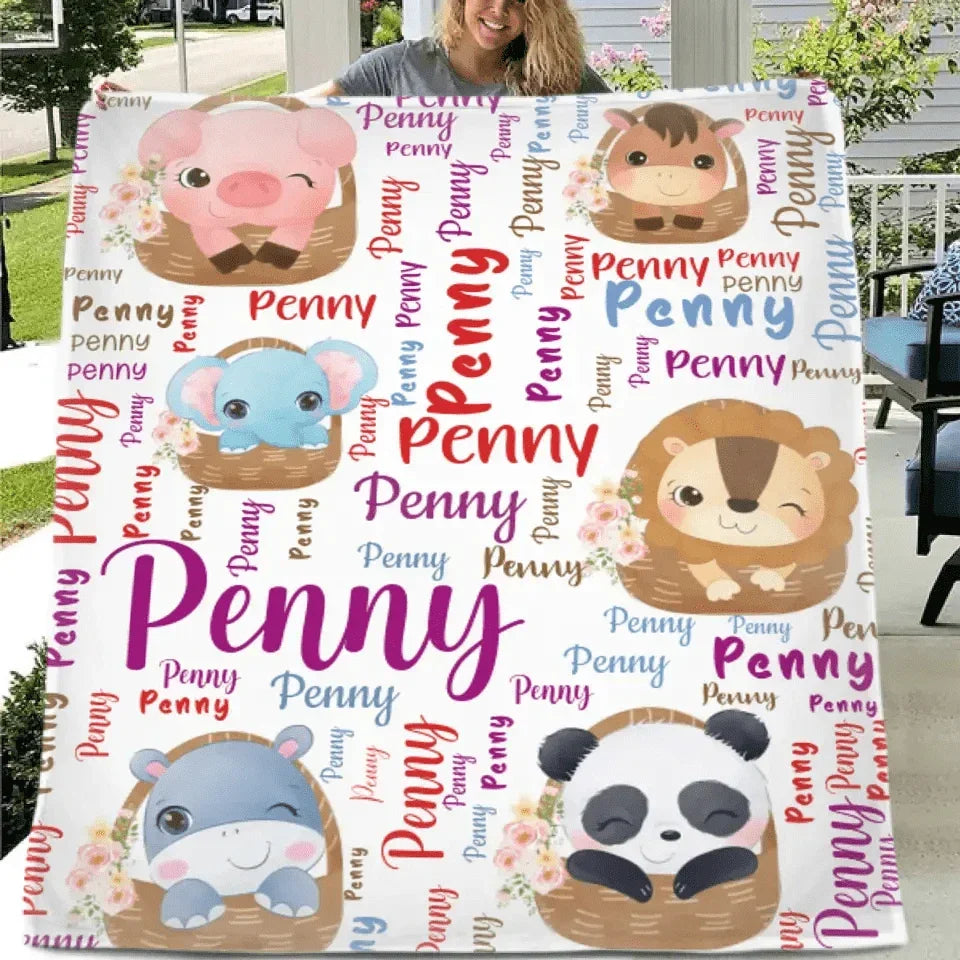 Customized Name Blanket, Small Animals Inside Basket - Joliny