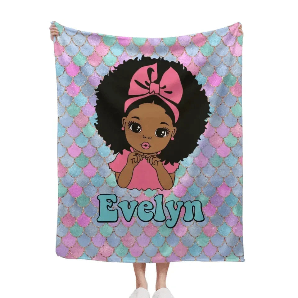 Customized Name Mermaid Pattern Black Baby Girl Blanket African Girl Birthday Gift Anniversary Gift - Joliny