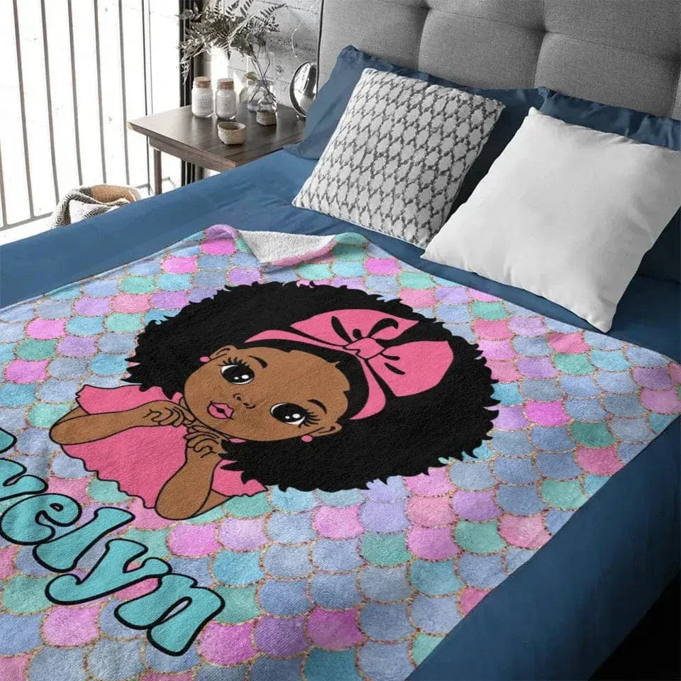 Customized Name Mermaid Pattern Black Baby Girl Blanket African Girl Birthday Gift Anniversary Gift - Joliny