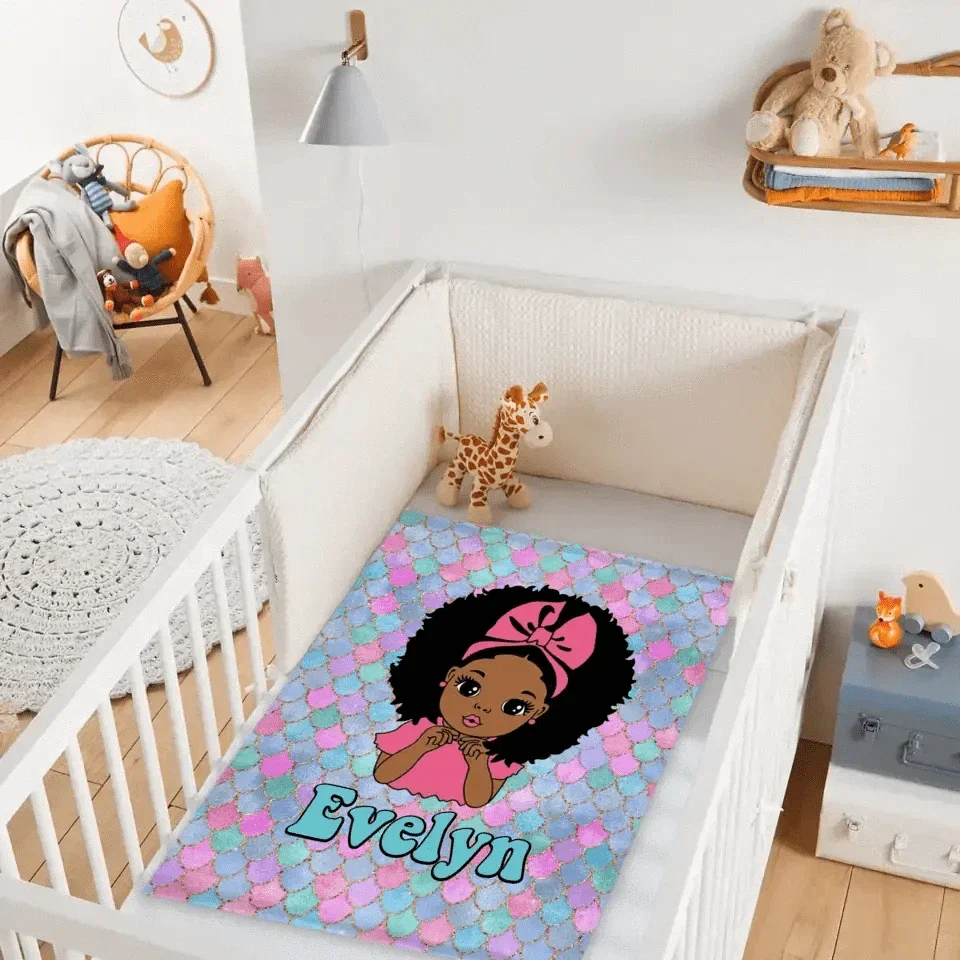 Customized Name Mermaid Pattern Black Baby Girl Blanket African Girl Birthday Gift Anniversary Gift - Joliny