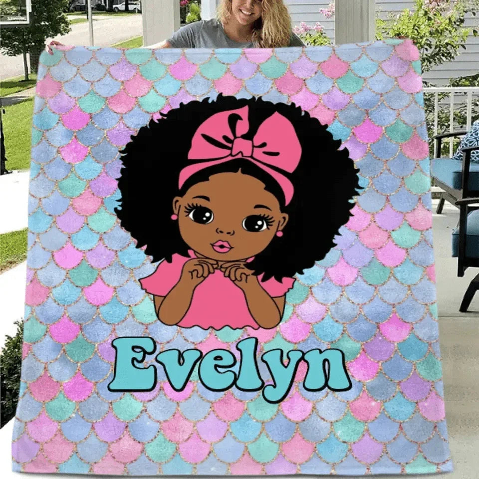 Customized Name Mermaid Pattern Black Baby Girl Blanket African Girl Birthday Gift Anniversary Gift - Joliny