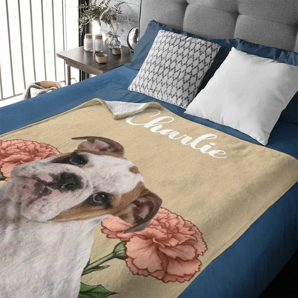 Customized Pet Portrait Blanket - Personalized Pet Name, Photo and Birthday Flower Flannel Blanket - Warm Gift For Pet Owners,pet Lovers - Joliny