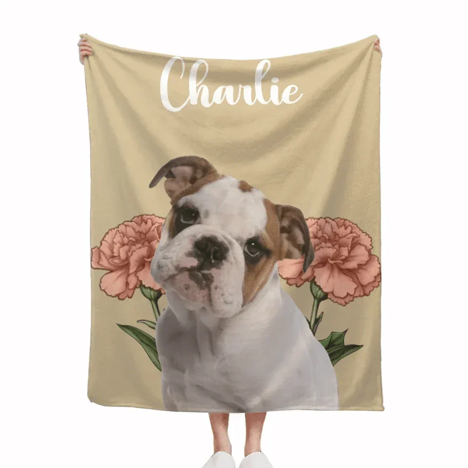 Customized Pet Portrait Blanket - Personalized Pet Name, Photo and Birthday Flower Flannel Blanket - Warm Gift For Pet Owners,pet Lovers - Joliny