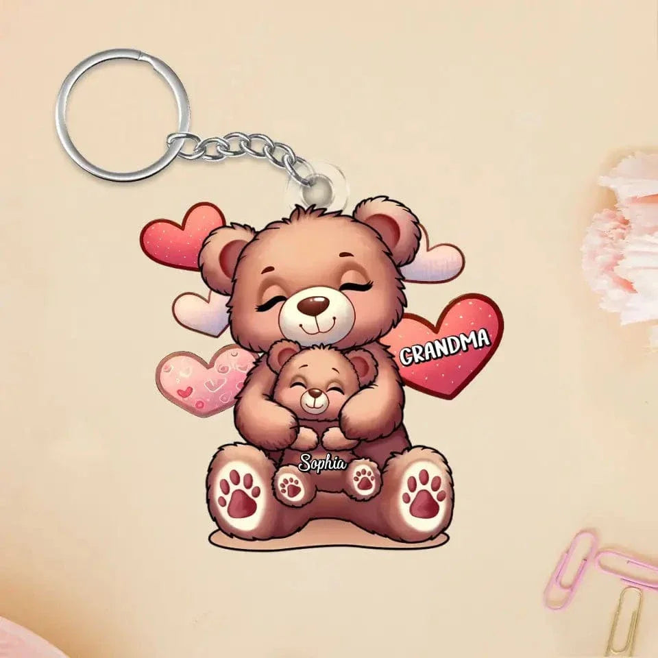 Cute Grandma Bear Mama Bear With Kids Personalized Acrylic Keychain - Joliny