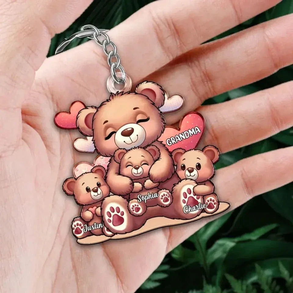 Cute Grandma Bear Mama Bear With Kids Personalized Acrylic Keychain - Joliny