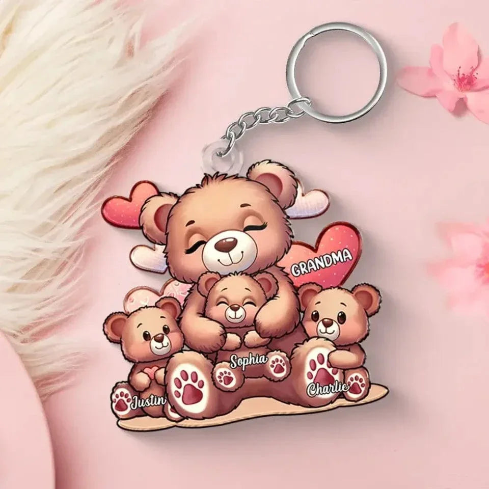 Cute Grandma Bear Mama Bear With Kids Personalized Acrylic Keychain - Joliny
