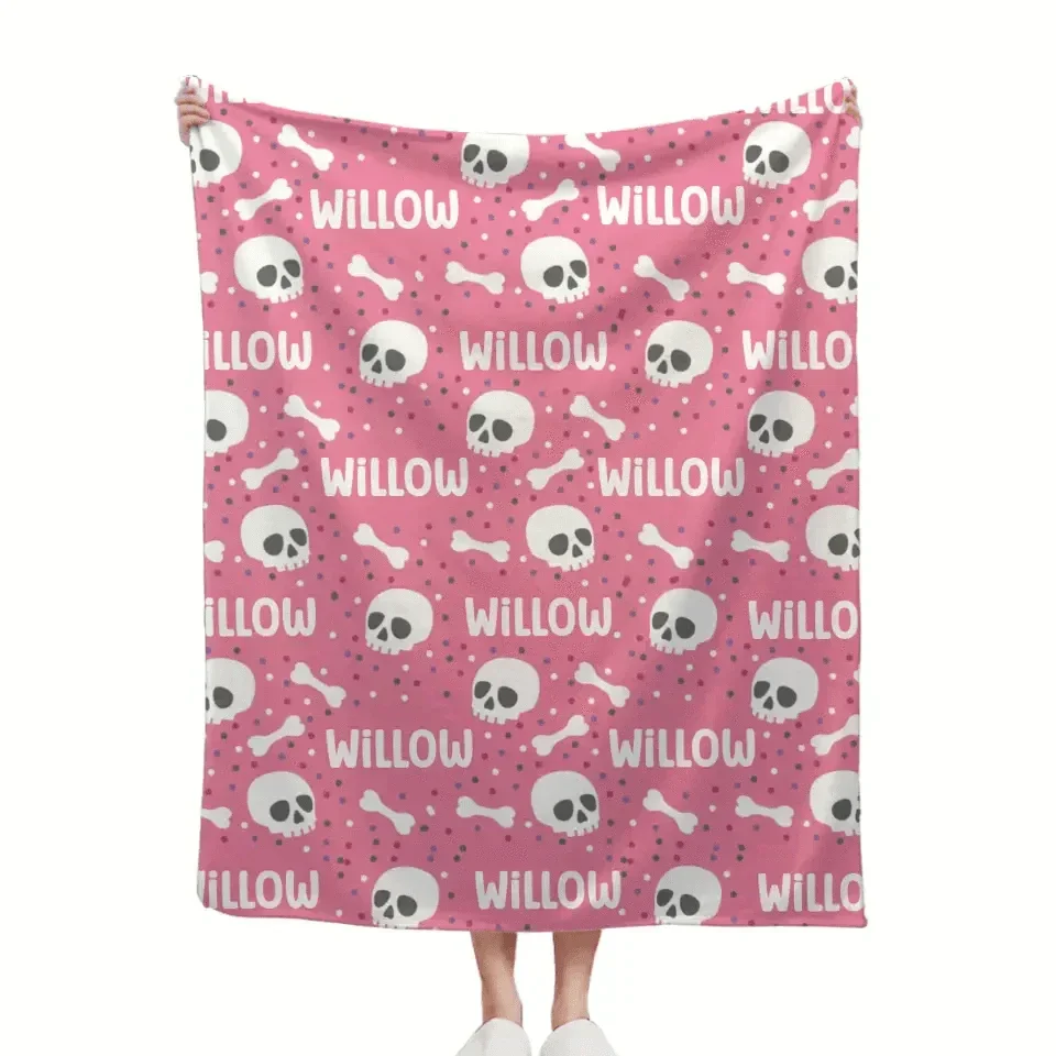 Cute Halloween Name Blanket, Personalized Pink Skull Blanket - Joliny